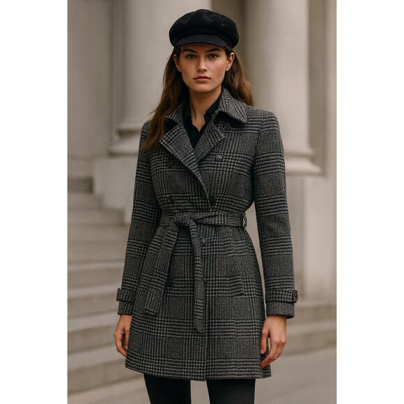 Vintage Ralph Lauren Womens 8 Wool Double Breasted Coat Houndstooth Gray Preppy - Picture 1 of 14
